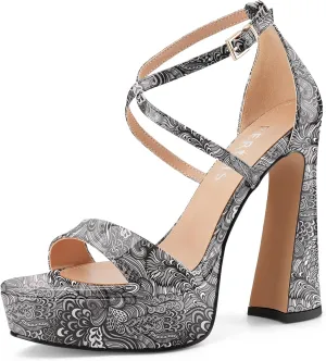 Women's Chunky High Heel Platform Sandals Open Peep Toe Ankle Strap Dress Strappy Heels with Single Cross Strap Buckle for Ladies Sexy Wedding 5 Inch