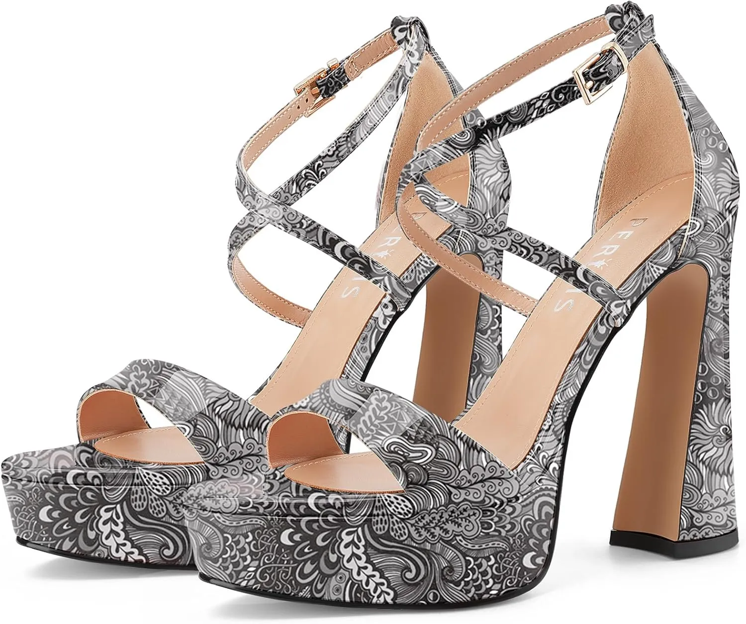 Women's Chunky High Heel Platform Sandals Open Peep Toe Ankle Strap Dress Strappy Heels with Single Cross Strap Buckle for Ladies Sexy Wedding 5 Inch