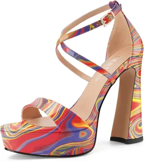 Women's Chunky High Heel Platform Sandals Open Peep Toe Ankle Strap Dress Strappy Heels with Single Cross Strap Buckle for Ladies Sexy Wedding 5 Inch