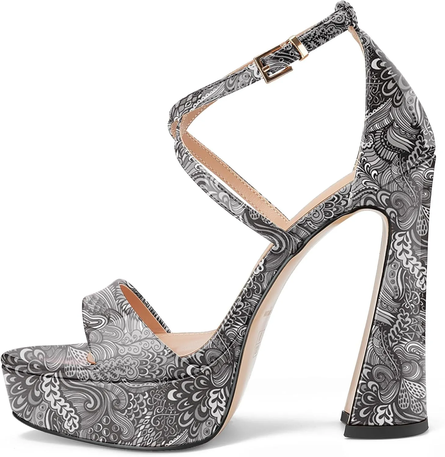 Women's Chunky High Heel Platform Sandals Open Peep Toe Ankle Strap Dress Strappy Heels with Single Cross Strap Buckle for Ladies Sexy Wedding 5 Inch