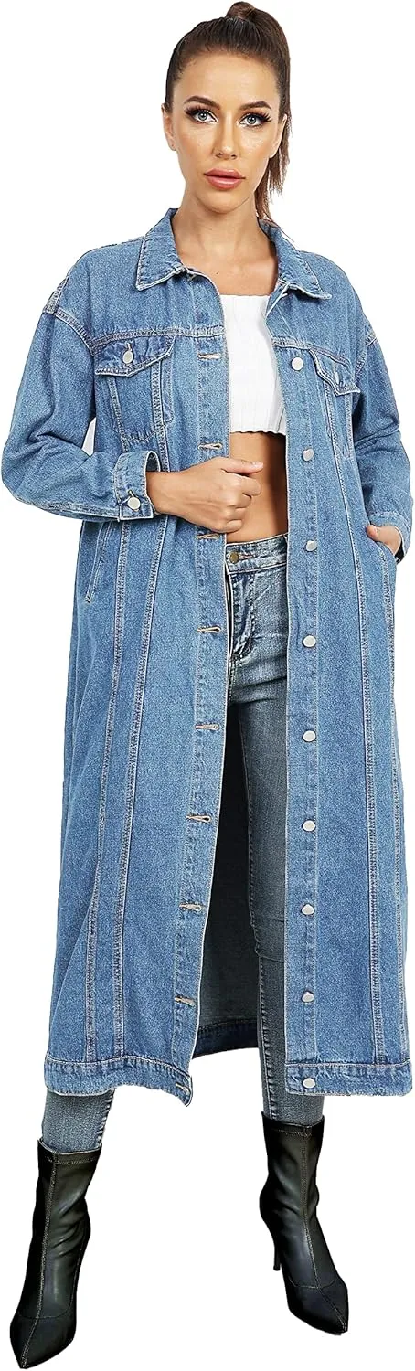 Womens Classic Jean Jacket Plus Size Loose Long Sleeve Button Down Denim Trench Coat