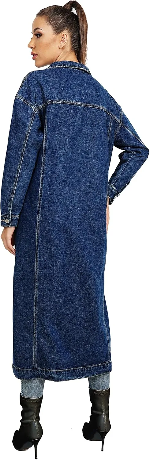 Womens Classic Jean Jacket Plus Size Loose Long Sleeve Button Down Denim Trench Coat