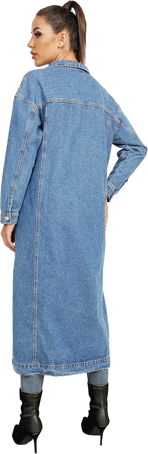 Womens Classic Jean Jacket Plus Size Loose Long Sleeve Button Down Denim Trench Coat