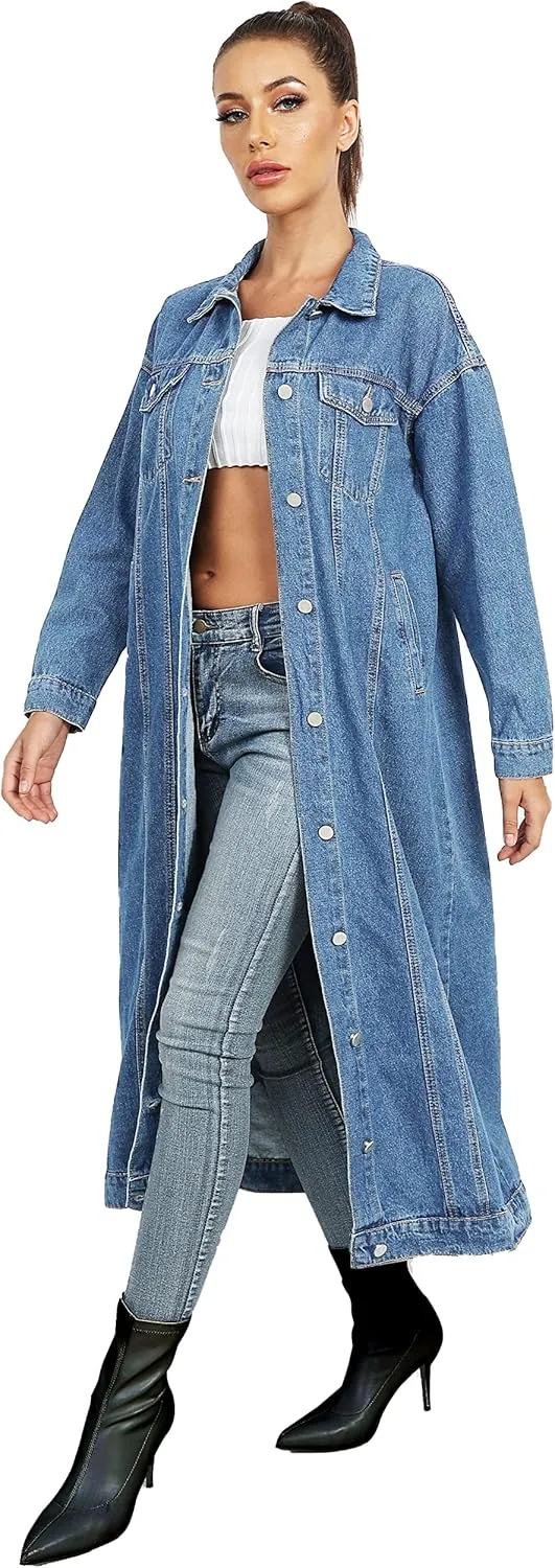 Womens Classic Jean Jacket Plus Size Loose Long Sleeve Button Down Denim Trench Coat