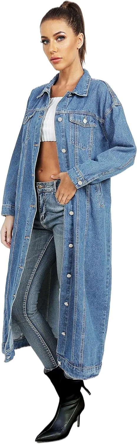 Womens Classic Jean Jacket Plus Size Loose Long Sleeve Button Down Denim Trench Coat