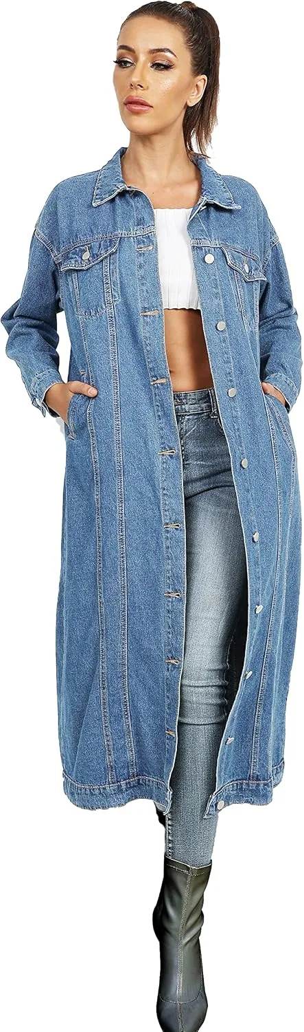 Womens Classic Jean Jacket Plus Size Loose Long Sleeve Button Down Denim Trench Coat