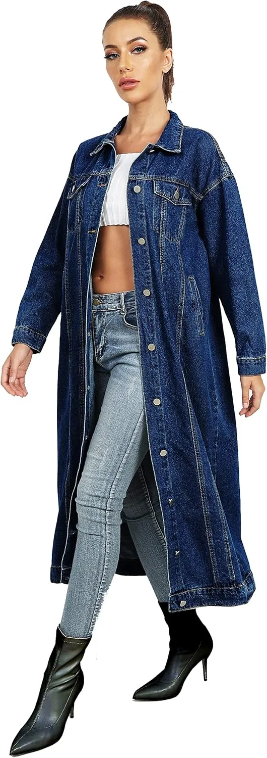 Womens Classic Jean Jacket Plus Size Loose Long Sleeve Button Down Denim Trench Coat