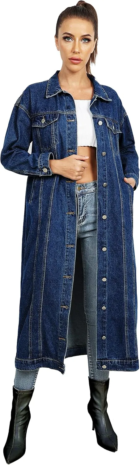 Womens Classic Jean Jacket Plus Size Loose Long Sleeve Button Down Denim Trench Coat