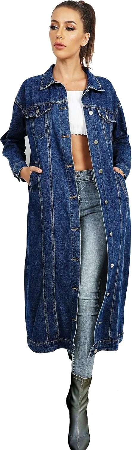 Womens Classic Jean Jacket Plus Size Loose Long Sleeve Button Down Denim Trench Coat