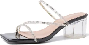 Women's Clear Rhinestone Heels Square Open Toe Low Block Chunky Heels Sandals Strappy Mules Backless Slippers Slip On Dress Shoes