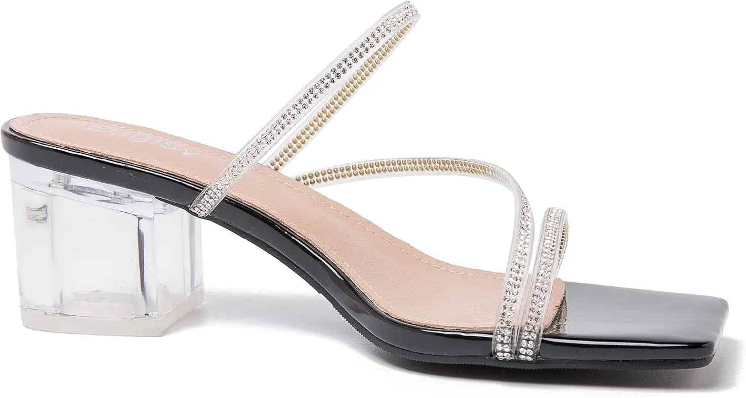 Women's Clear Rhinestone Heels Square Open Toe Low Block Chunky Heels Sandals Strappy Mules Backless Slippers Slip On Dress Shoes