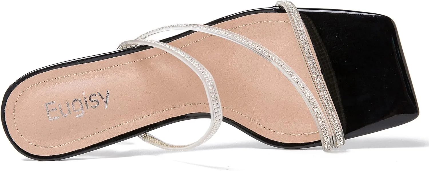 Women's Clear Rhinestone Heels Square Open Toe Low Block Chunky Heels Sandals Strappy Mules Backless Slippers Slip On Dress Shoes