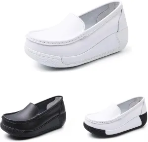 Women's Comfort Wedge Moccasins,Slip-On Low-Top Wedge Loafers,Soft Leather Platform Loafers,Nurse Shoes with Arch Support