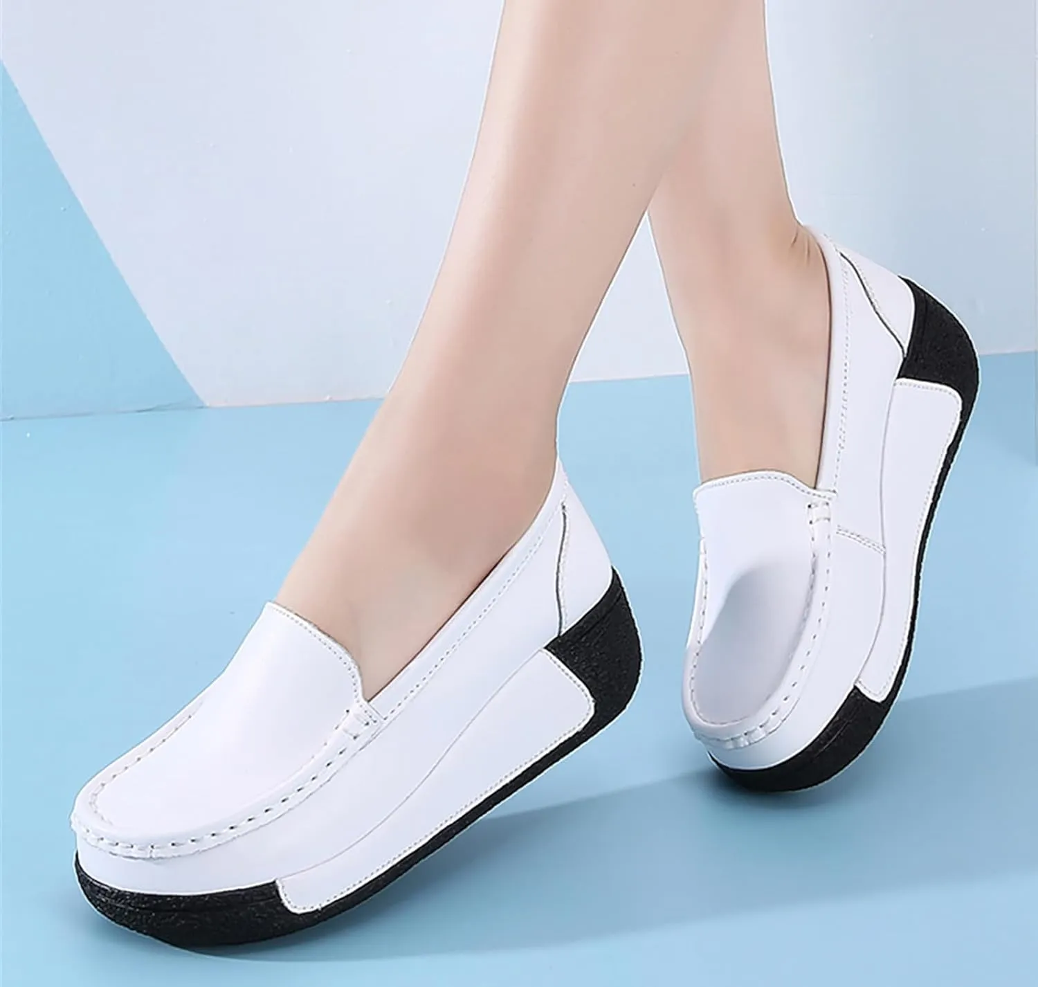 Women's Comfort Wedge Moccasins,Slip-On Low-Top Wedge Loafers,Soft Leather Platform Loafers,Nurse Shoes with Arch Support