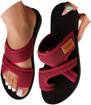 Women's Comfortable Breathable Mesh Flip Flops,Hollow Mesh Slide Sandals with Toe Loop,Summer Casual Orthopedic Flats Shoes(Purple Red,5-36)