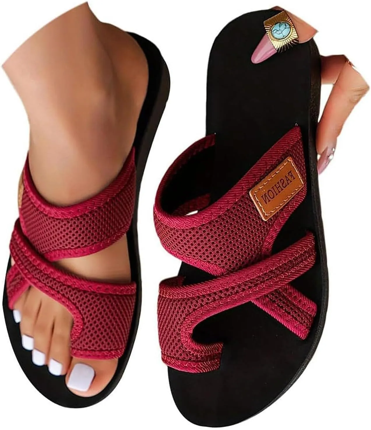 Women's Comfortable Breathable Mesh Flip Flops,Hollow Mesh Slide Sandals with Toe Loop,Summer Casual Orthopedic Flats Shoes(Purple Red,5-36)