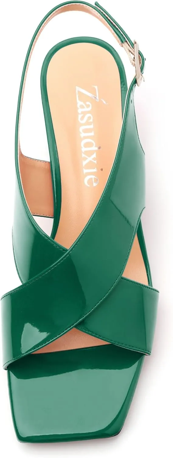 Women's Criss Cross Sandals Square Open Toe Block Chunky Low Heel Slingback Ankle Strap Adjustable with Buckle Patent Dating Fashion Dress Shoes 2 Inch