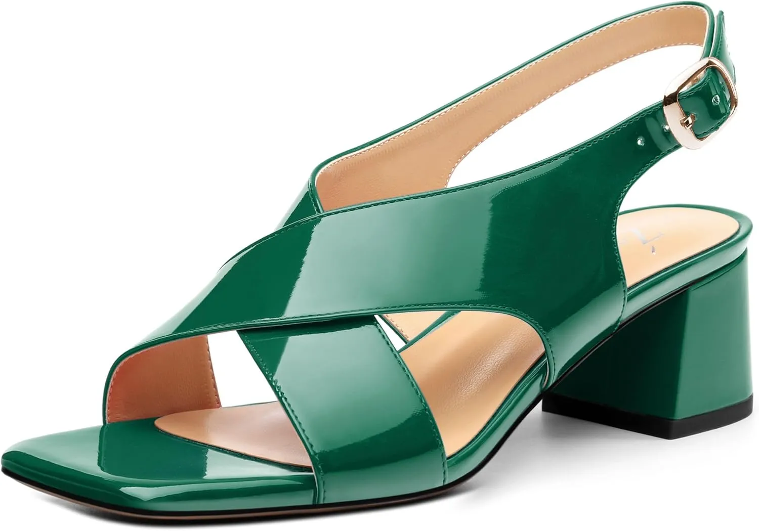 Women's Criss Cross Sandals Square Open Toe Block Chunky Low Heel Slingback Ankle Strap Adjustable with Buckle Patent Dating Fashion Dress Shoes 2 Inch