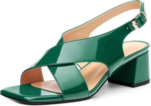 Women's Criss Cross Sandals Square Open Toe Block Chunky Low Heel Slingback Ankle Strap Adjustable with Buckle Patent Dating Fashion Dress Shoes 2 Inch