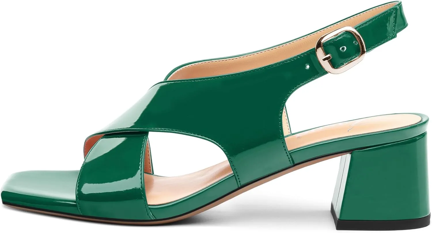 Women's Criss Cross Sandals Square Open Toe Block Chunky Low Heel Slingback Ankle Strap Adjustable with Buckle Patent Dating Fashion Dress Shoes 2 Inch
