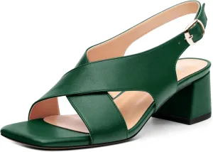 Women's Criss-Cross Strap Slingback Sandals Block Chunky Low Heels Square Open Toe Matte Comfort Casual Dress Shoes 2 Inch