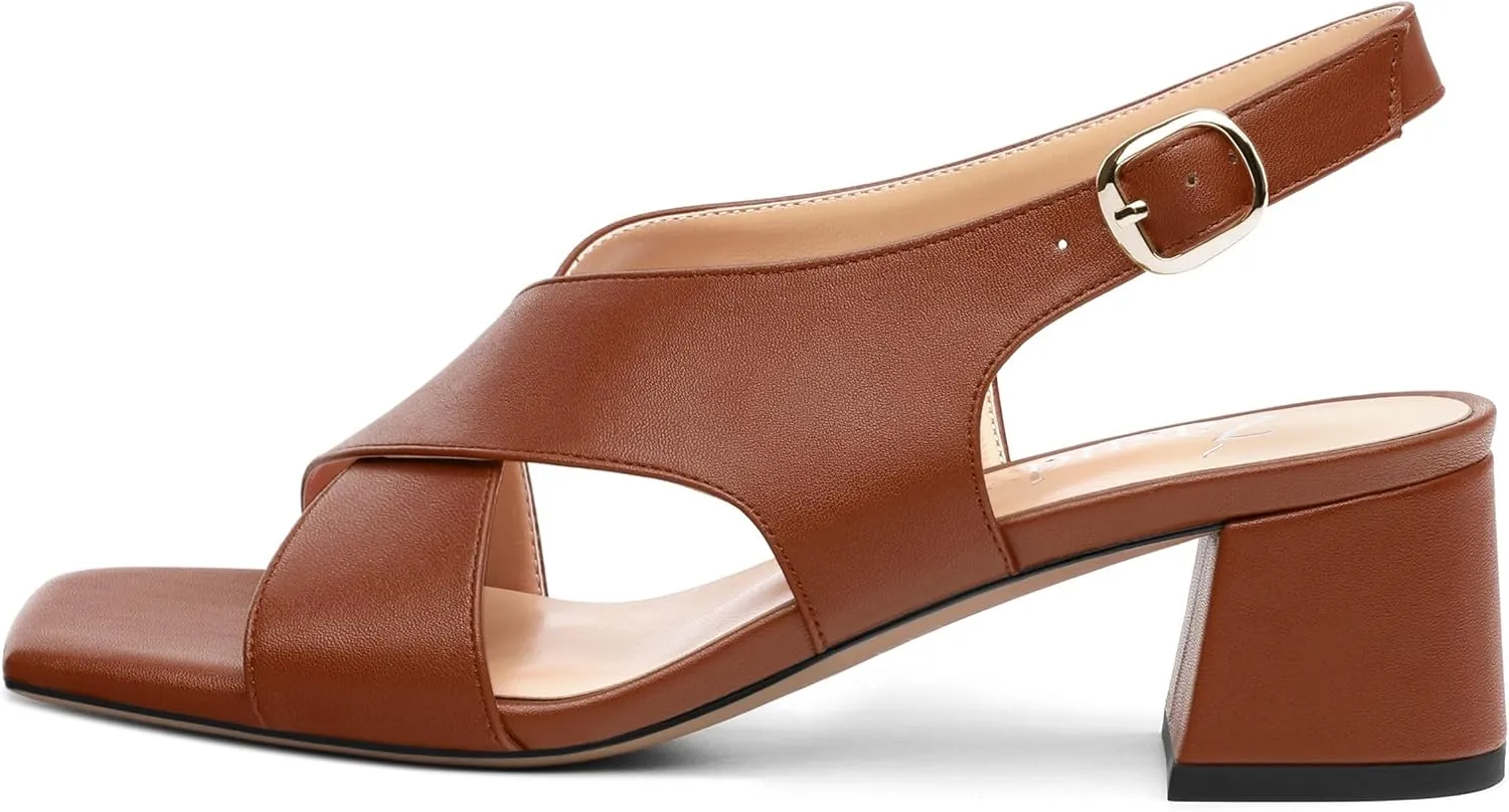 Women's Criss-Cross Strap Slingback Sandals Block Chunky Low Heels Square Open Toe Matte Comfort Casual Dress Shoes 2 Inch
