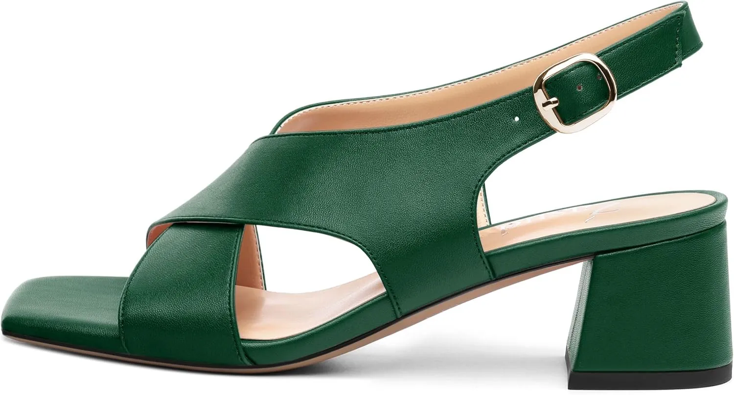 Women's Criss-Cross Strap Slingback Sandals Block Chunky Low Heels Square Open Toe Matte Comfort Casual Dress Shoes 2 Inch