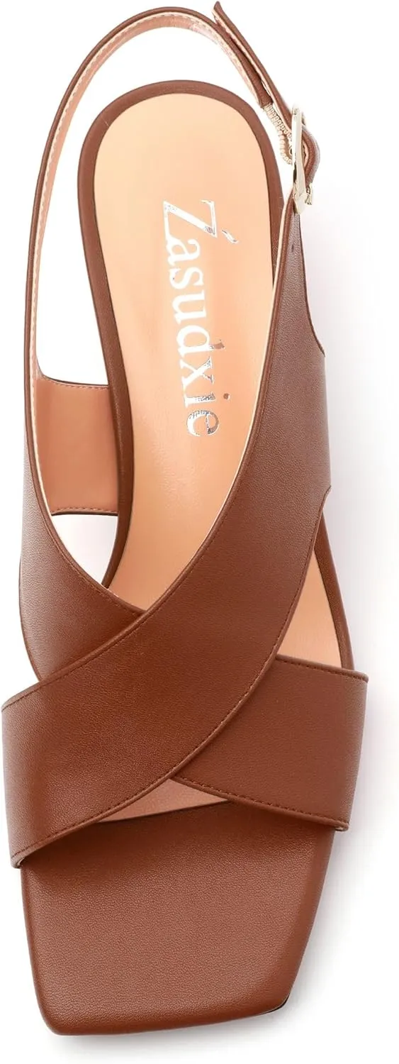 Women's Criss-Cross Strap Slingback Sandals Block Chunky Low Heels Square Open Toe Matte Comfort Casual Dress Shoes 2 Inch