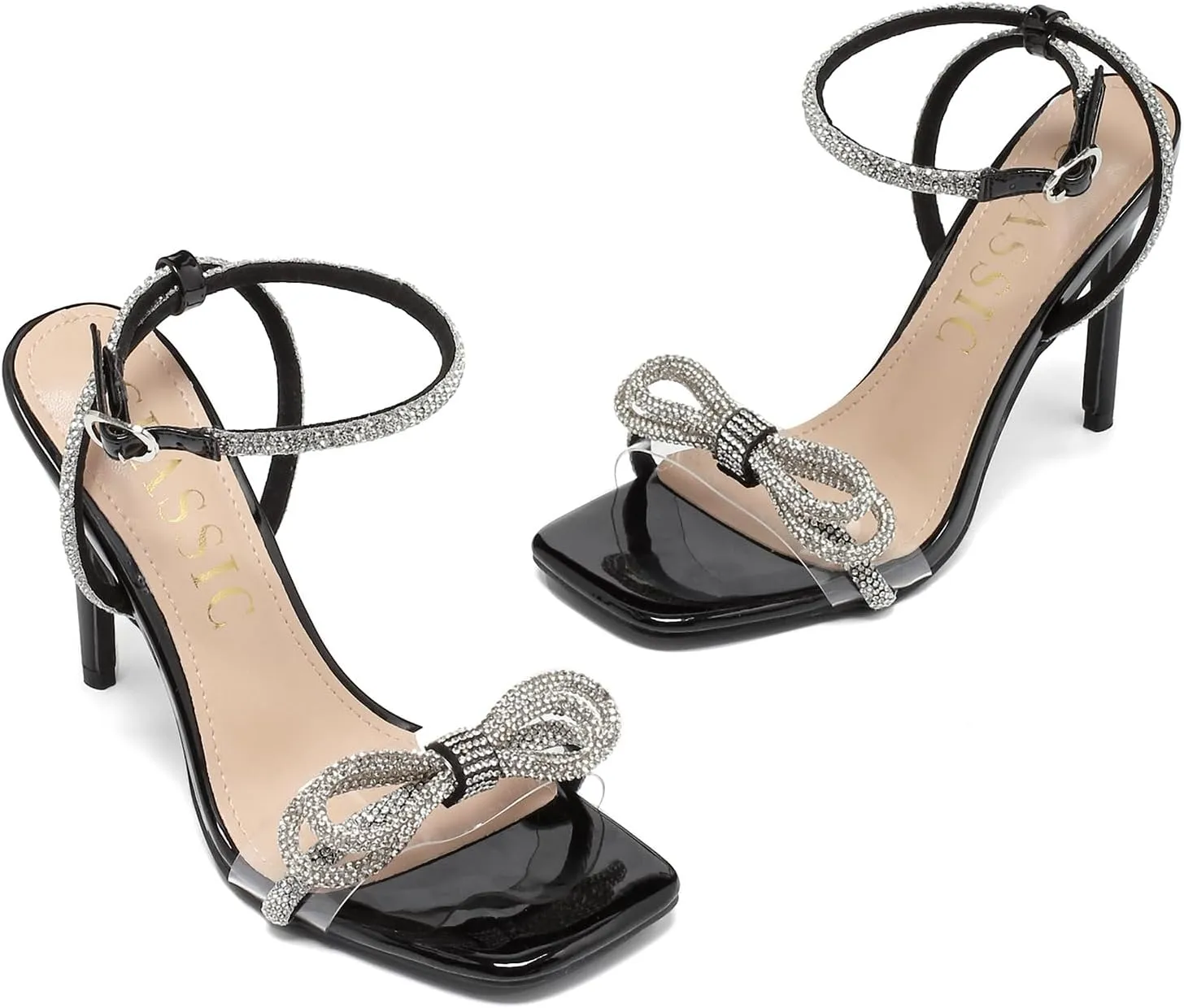 Women's Double Bowknots Heels Crystal Sandals, Open Square Silver High Heeled Toe Clear Heels Wedding Shoes Ankle Strap Crystal Rhinestonefor