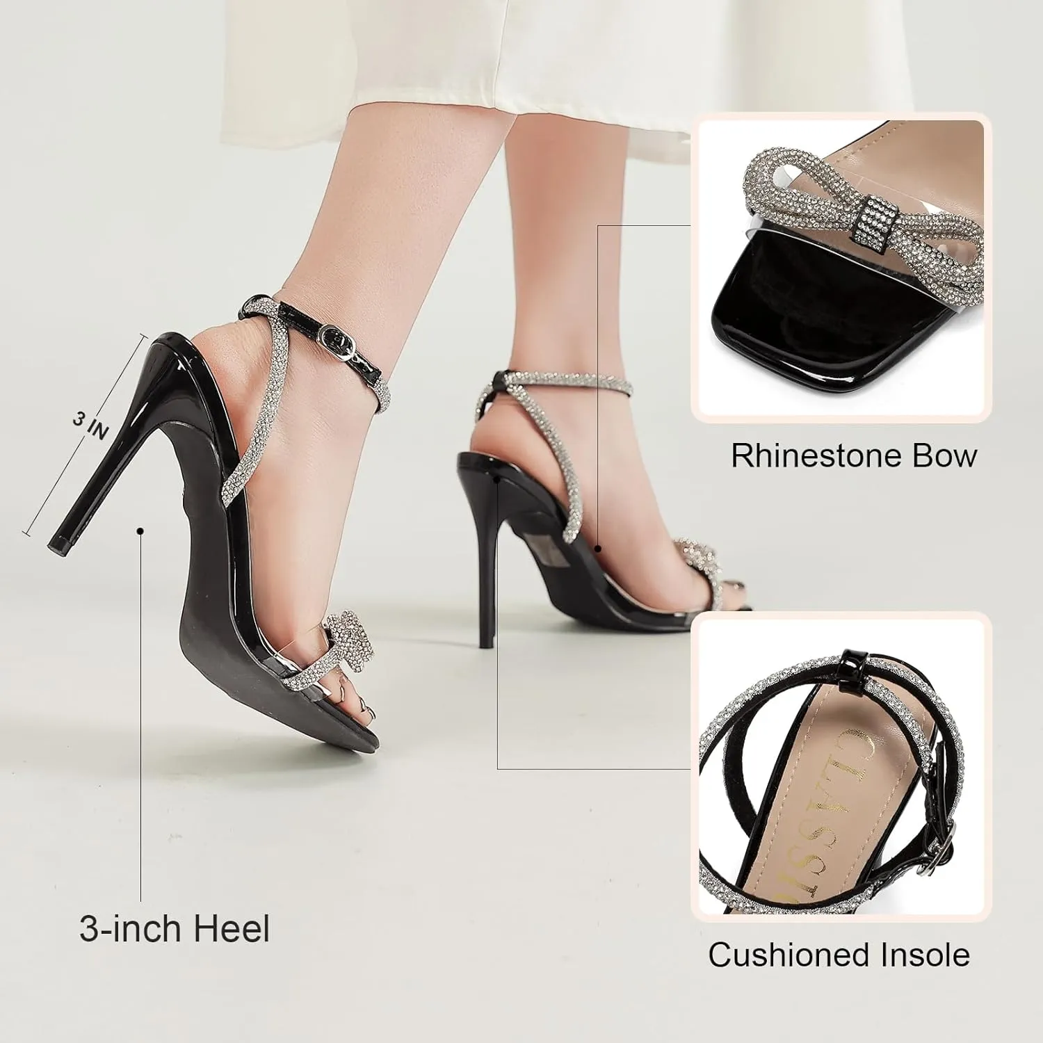 Women's Double Bowknots Heels Crystal Sandals, Open Square Silver High Heeled Toe Clear Heels Wedding Shoes Ankle Strap Crystal Rhinestonefor