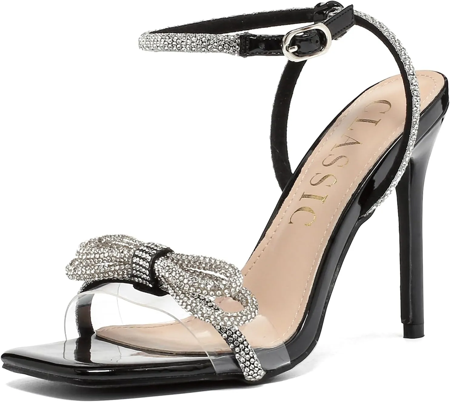 Women's Double Bowknots Heels Crystal Sandals, Open Square Silver High Heeled Toe Clear Heels Wedding Shoes Ankle Strap Crystal Rhinestonefor