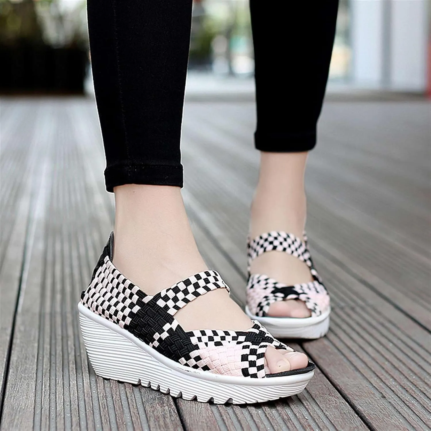 Women's Elastic Woven Pumps Mary Jane Shoes Platform Wedge Sandals Comfortable Walking Shoes