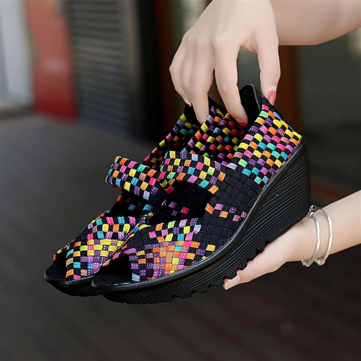 Women's Elastic Woven Pumps Mary Jane Shoes Platform Wedge Sandals Comfortable Walking Shoes