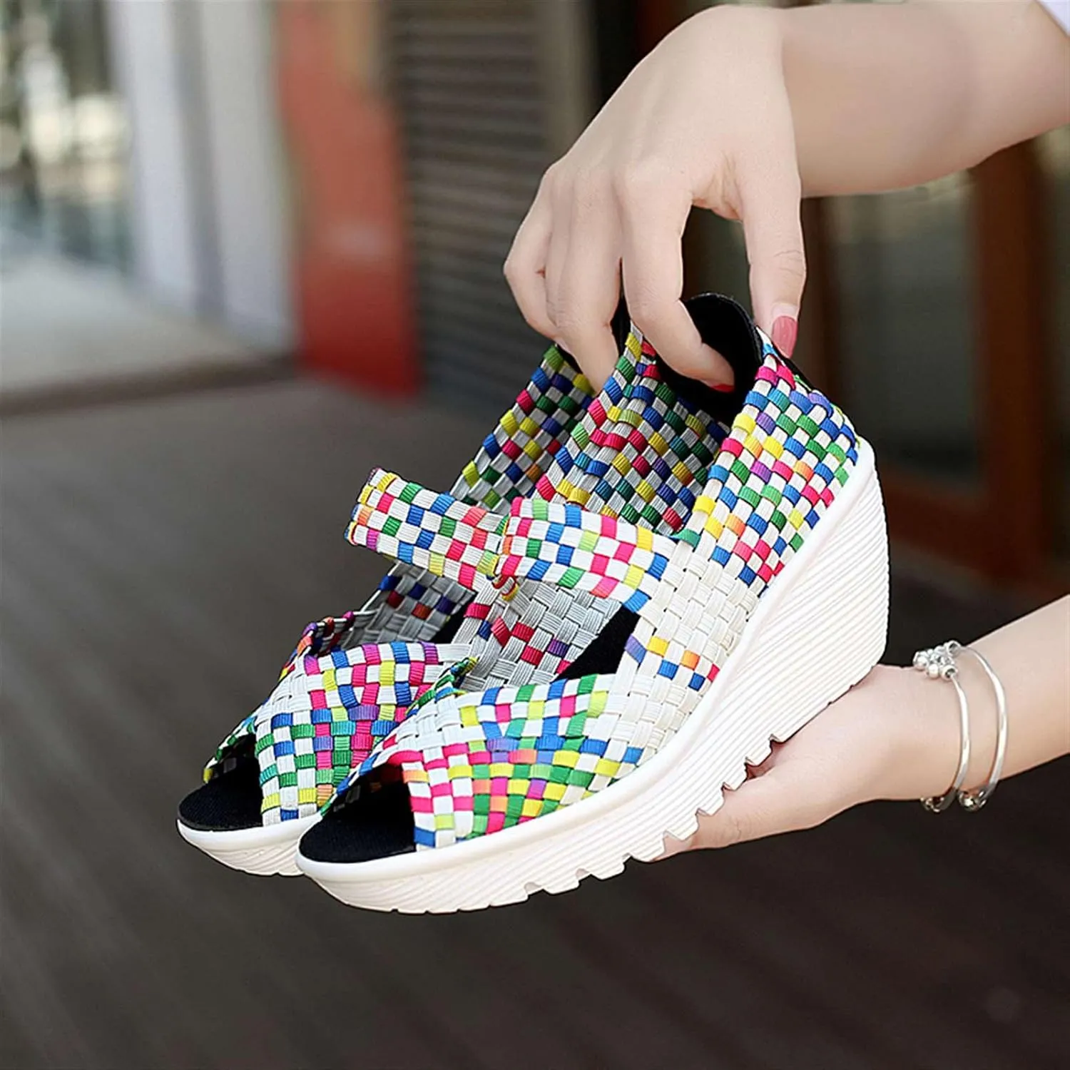 Women's Elastic Woven Pumps Mary Jane Shoes Platform Wedge Sandals Comfortable Walking Shoes