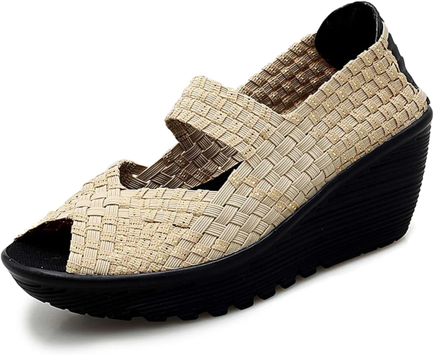 Women's Elastic Woven Pumps Mary Jane Shoes Platform Wedge Sandals Comfortable Walking Shoes