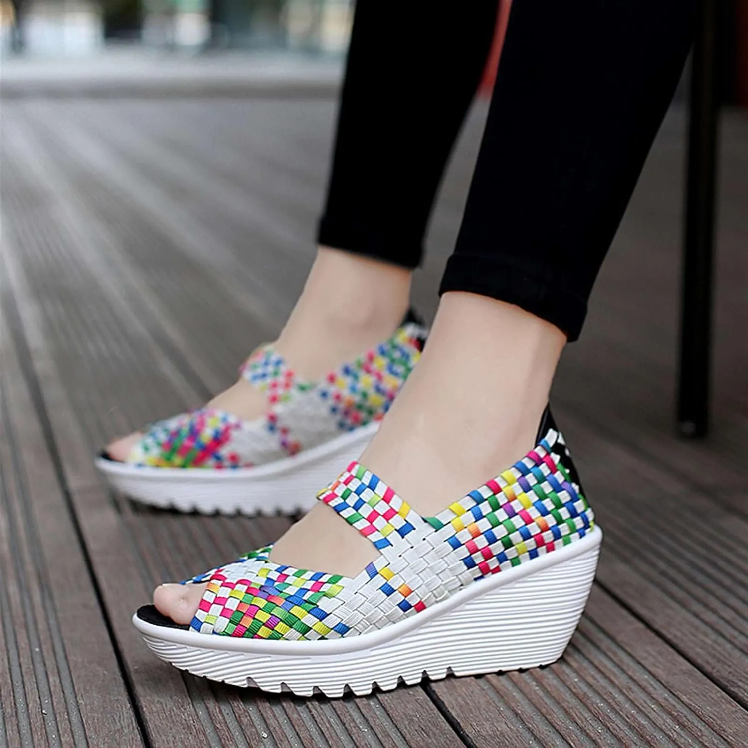 Women's Elastic Woven Pumps Mary Jane Shoes Platform Wedge Sandals Comfortable Walking Shoes