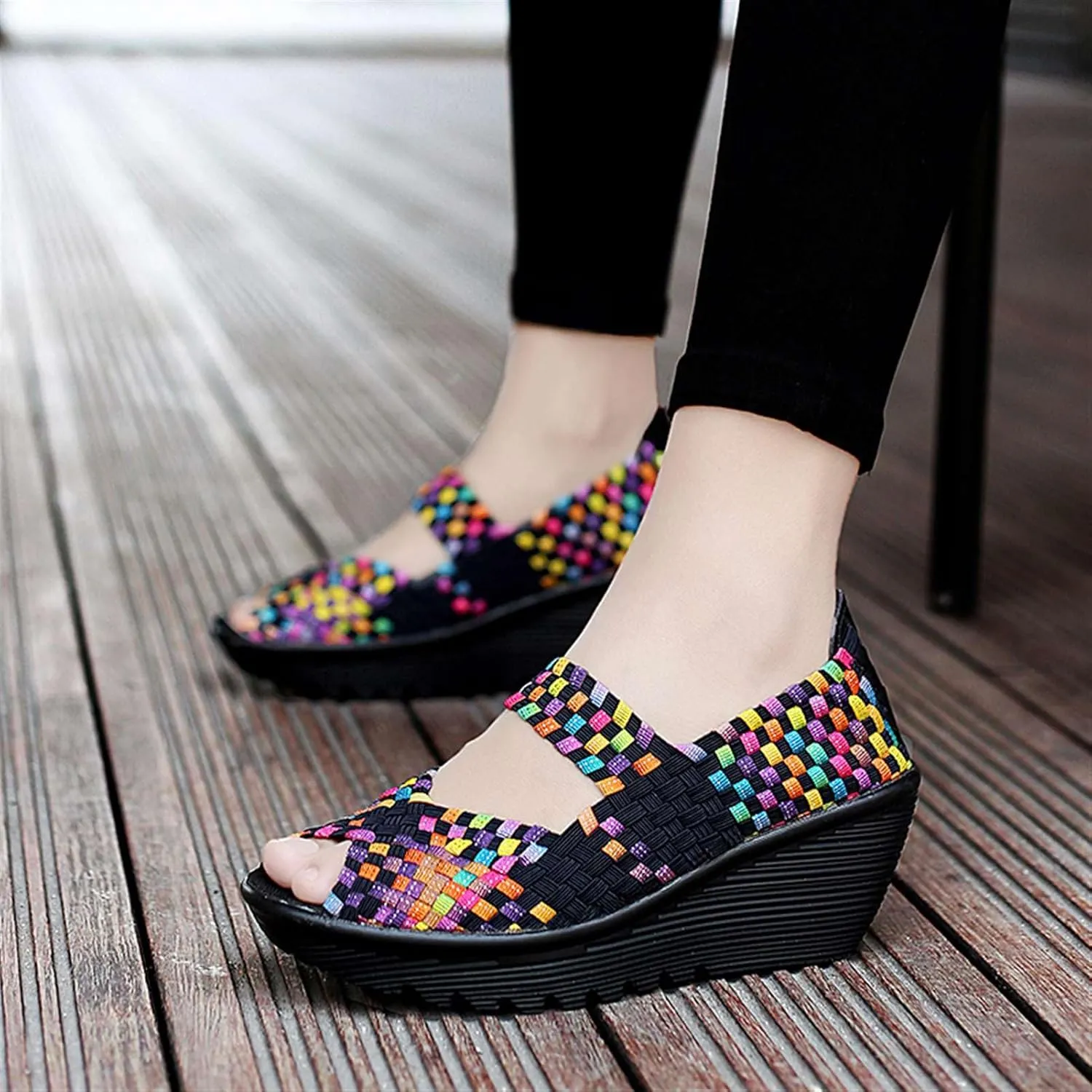 Women's Elastic Woven Pumps Mary Jane Shoes Platform Wedge Sandals Comfortable Walking Shoes