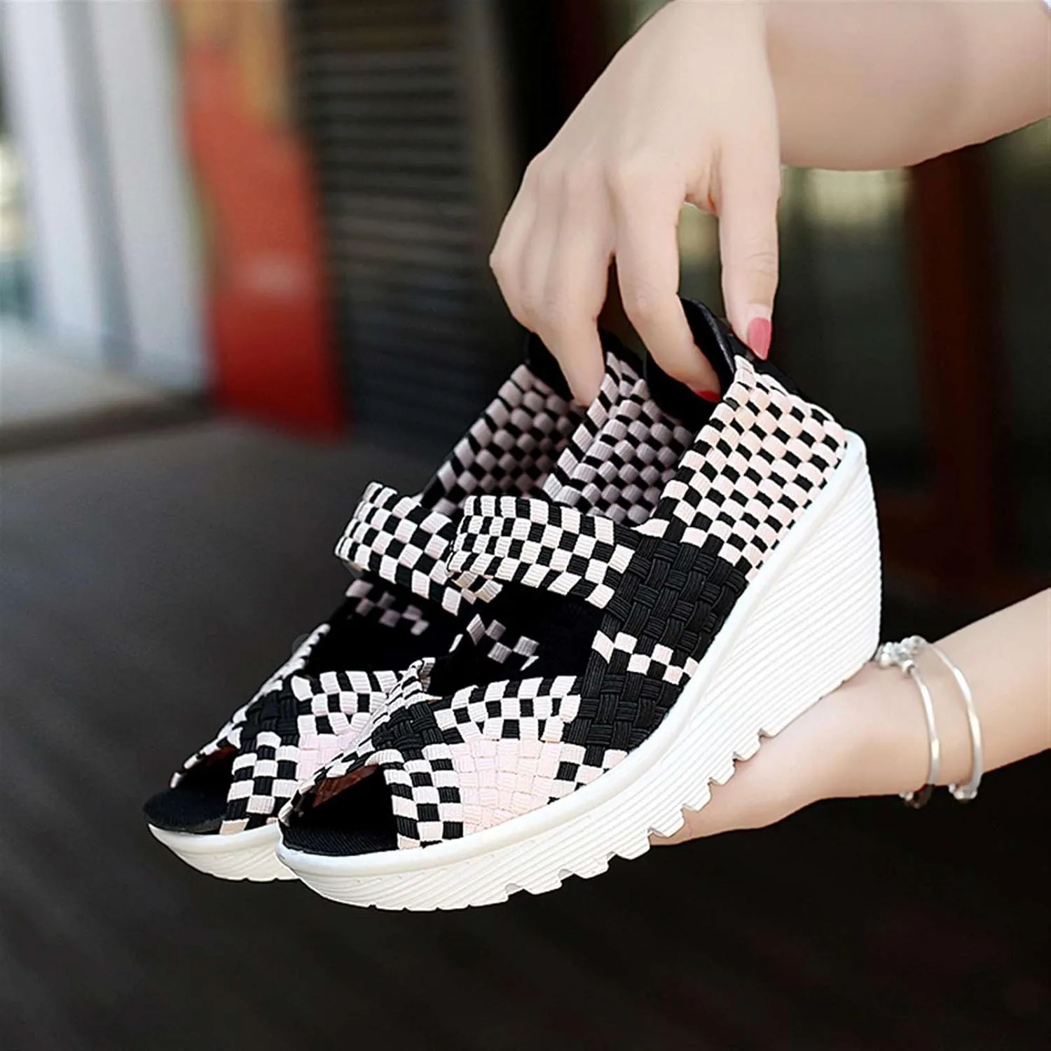Women's Elastic Woven Pumps Mary Jane Shoes Platform Wedge Sandals Comfortable Walking Shoes