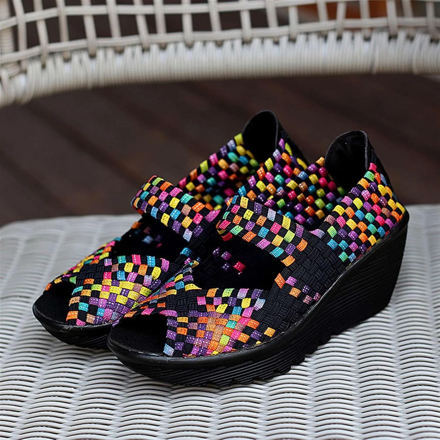 Women's Elastic Woven Pumps Mary Jane Shoes Platform Wedge Sandals Comfortable Walking Shoes