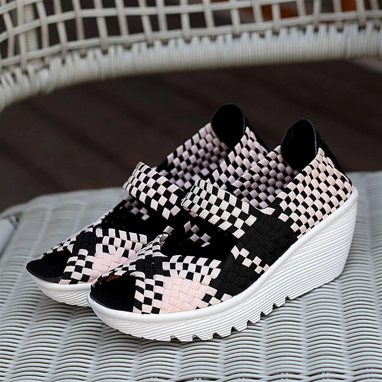 Women's Elastic Woven Pumps Mary Jane Shoes Platform Wedge Sandals Comfortable Walking Shoes