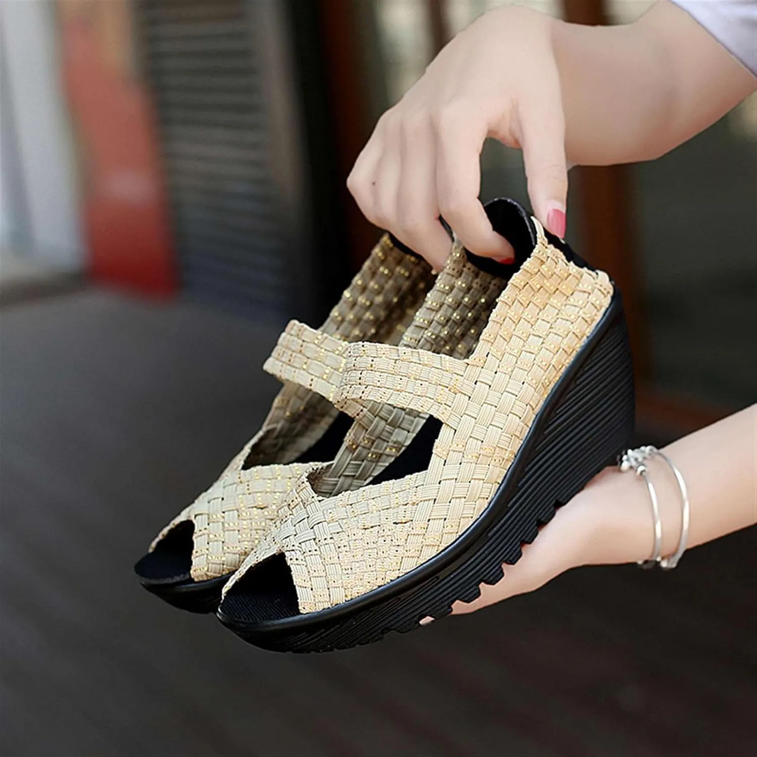 Women's Elastic Woven Pumps Mary Jane Shoes Platform Wedge Sandals Comfortable Walking Shoes