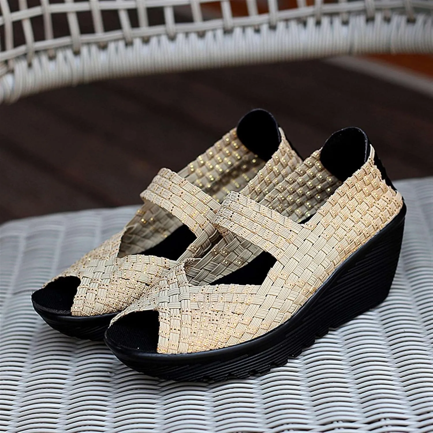 Women's Elastic Woven Pumps Mary Jane Shoes Platform Wedge Sandals Comfortable Walking Shoes
