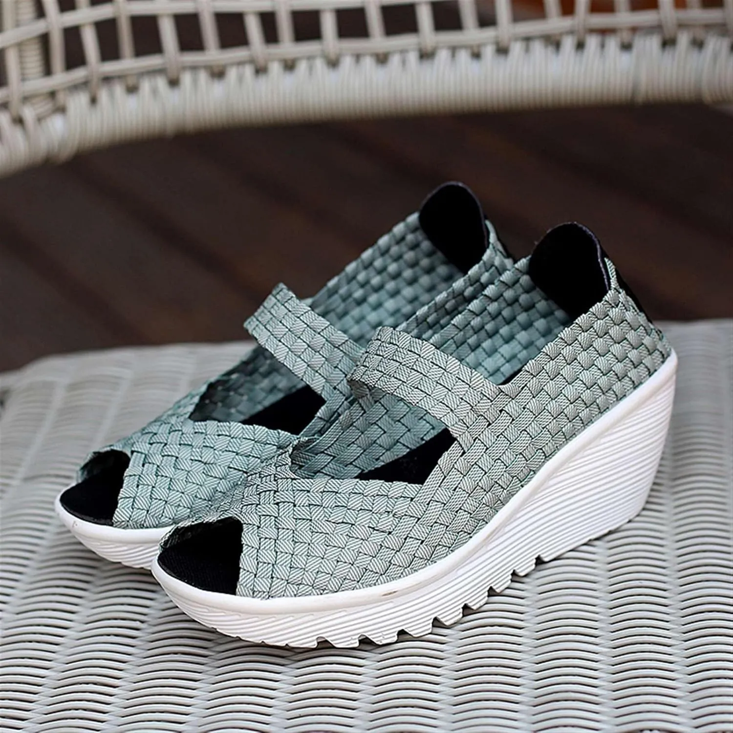 Women's Elastic Woven Pumps Mary Jane Shoes Platform Wedge Sandals Comfortable Walking Shoes