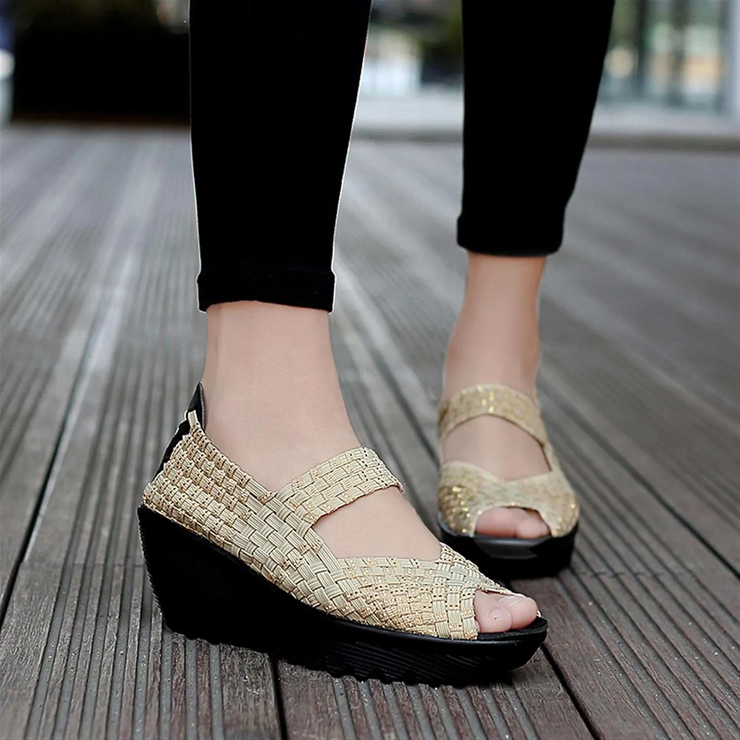 Women's Elastic Woven Pumps Mary Jane Shoes Platform Wedge Sandals Comfortable Walking Shoes