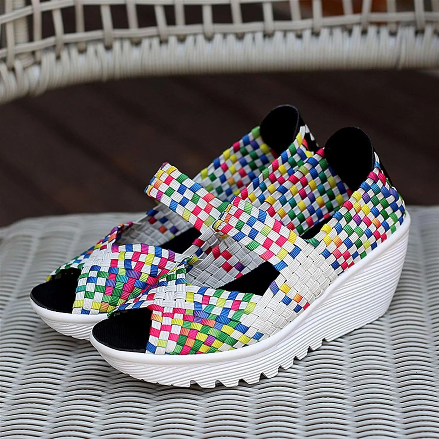 Women's Elastic Woven Pumps Mary Jane Shoes Platform Wedge Sandals Comfortable Walking Shoes