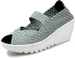Women's Elastic Woven Pumps Mary Jane Shoes Platform Wedge Sandals Comfortable Walking Shoes