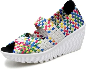 Women's Elastic Woven Pumps Mary Jane Shoes Platform Wedge Sandals Comfortable Walking Shoes