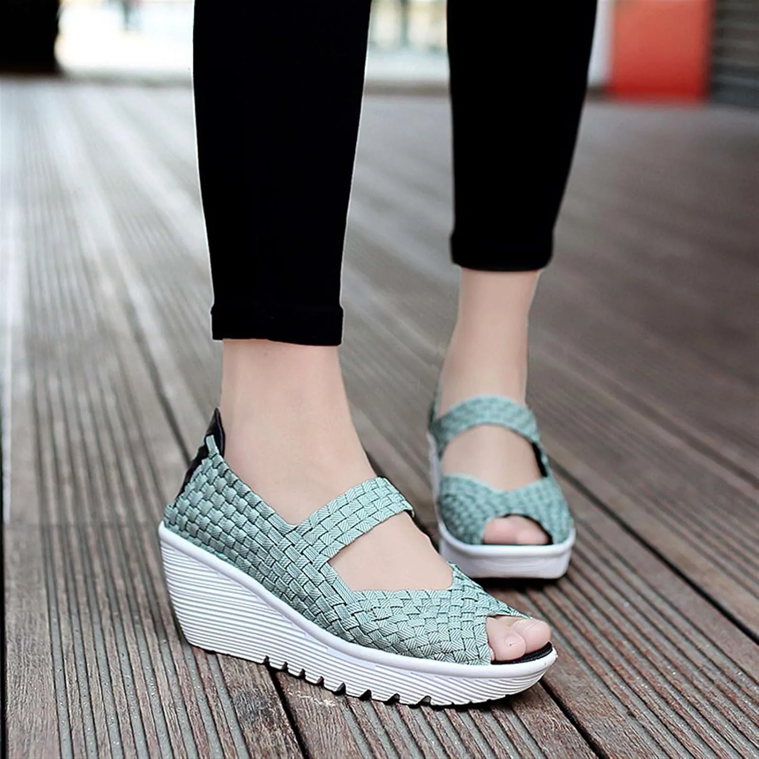 Women's Elastic Woven Pumps Mary Jane Shoes Platform Wedge Sandals Comfortable Walking Shoes