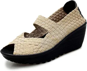 Women's Elastic Woven Pumps Mary Jane Shoes Platform Wedge Sandals Comfortable Walking Shoes