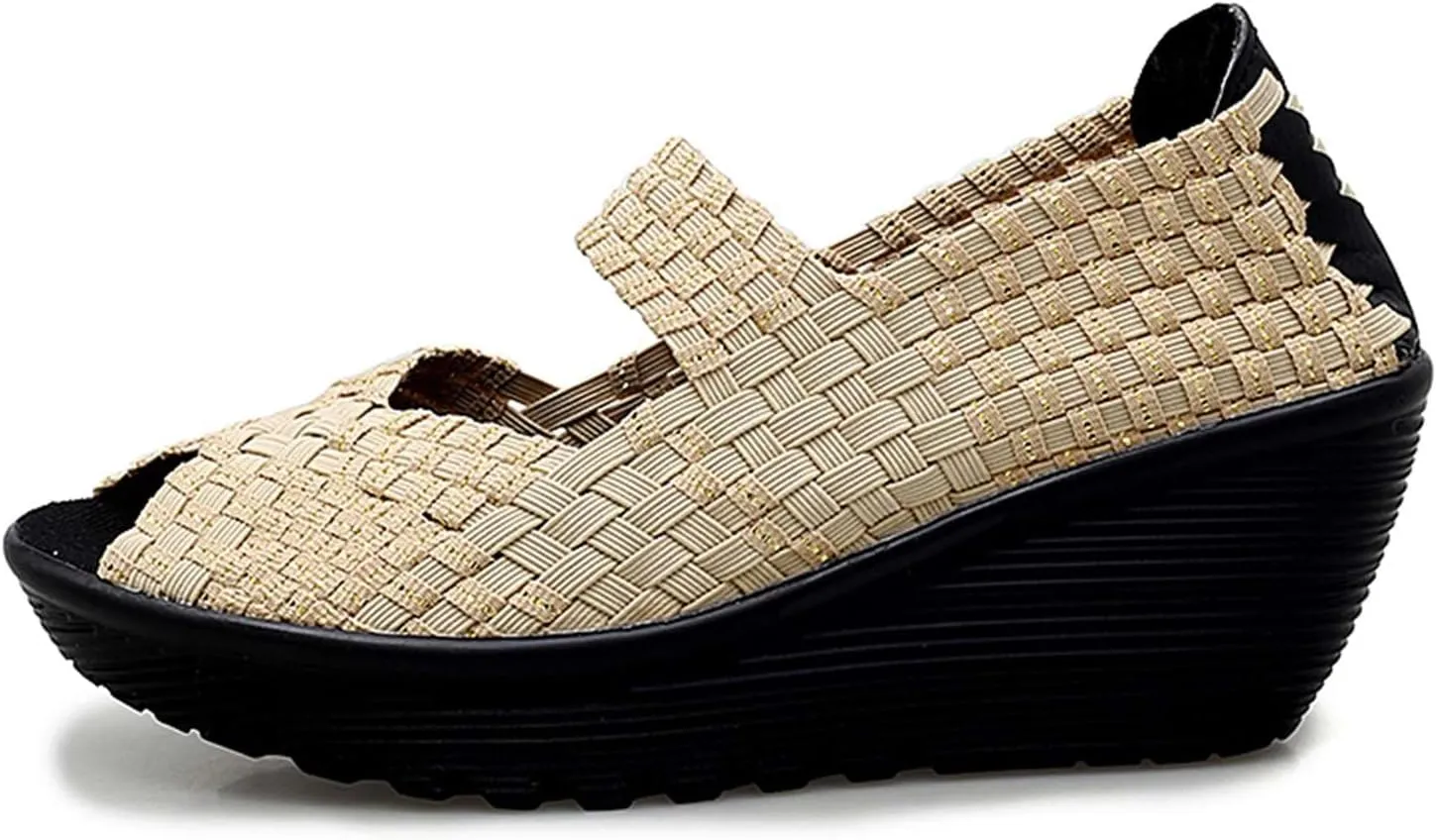 Women's Elastic Woven Pumps Mary Jane Shoes Platform Wedge Sandals Comfortable Walking Shoes